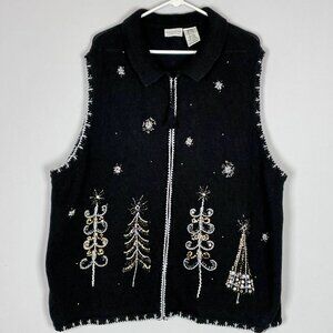 Vtg White Stag Christmas Tree Holiday Sweater Vest Sz 26/28W Embroidered Beaded